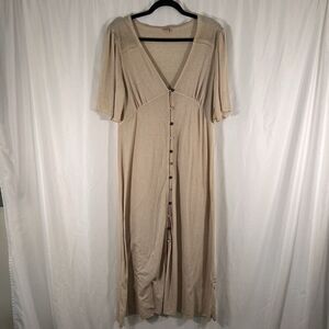 POL Midi Dress Women's Medium Beige Waffled Button Up Short Sleeve SMD193